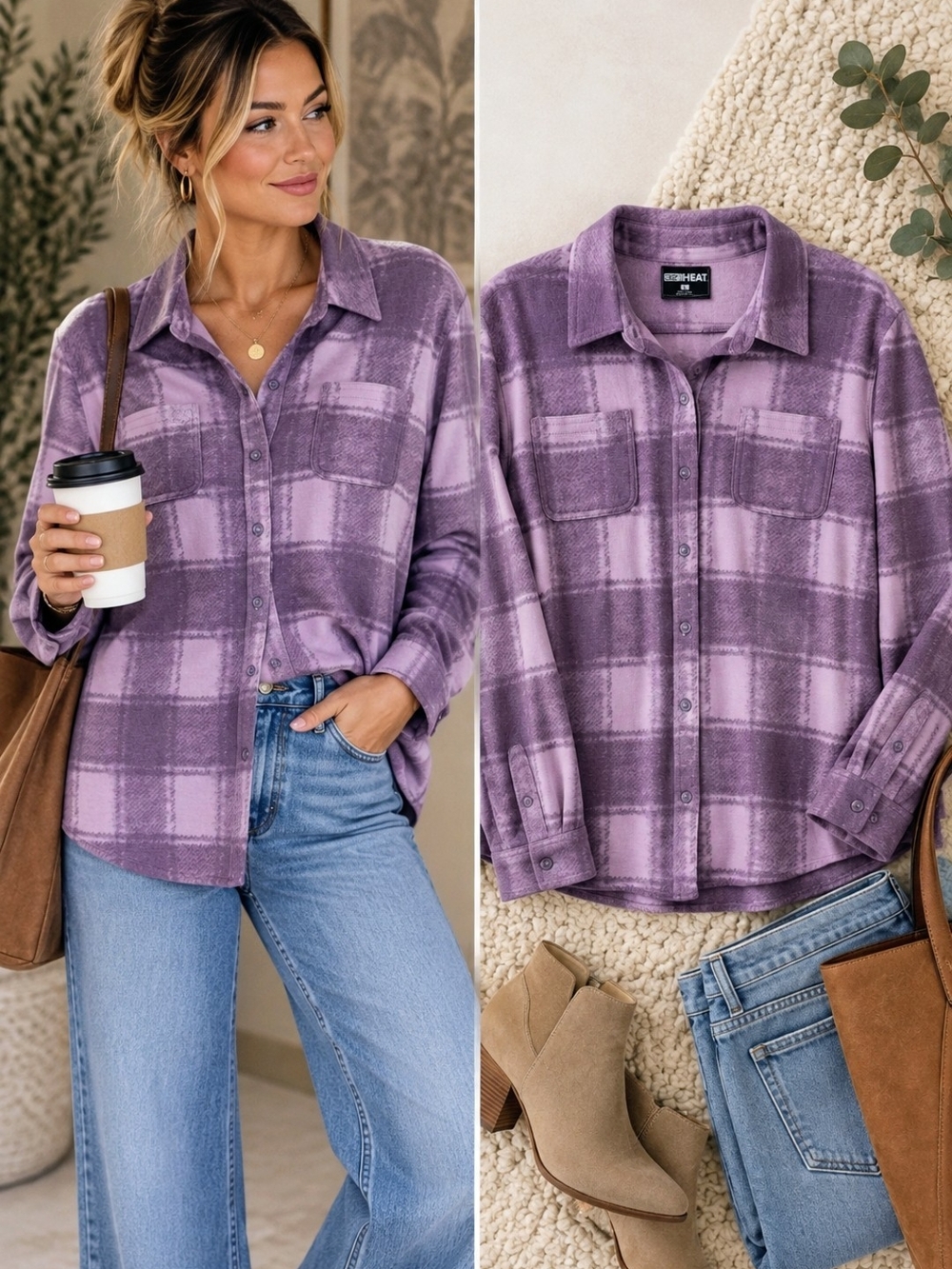Purple Lavender Plaid Shirt Jacket L Soft Stretch Button Cozy Fall Flannel Cabin